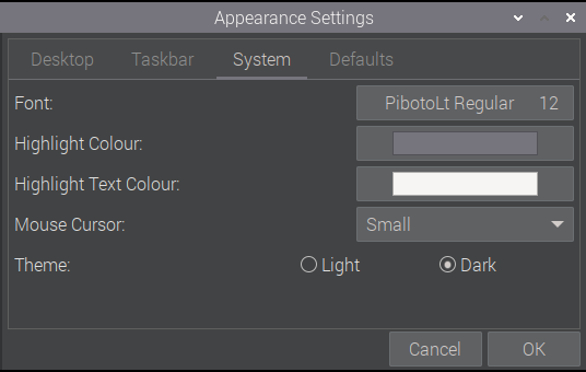 RPi5 appearance settings - dark background